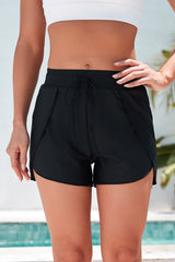 Black Solid Color 2-in-1 Drawstring Elastic Waist Swim Shorts