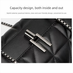 Close-up of a black quilted handbag with a silver metal clasp and chain strap, with text above describing capacity design and exterior/interior convenience.