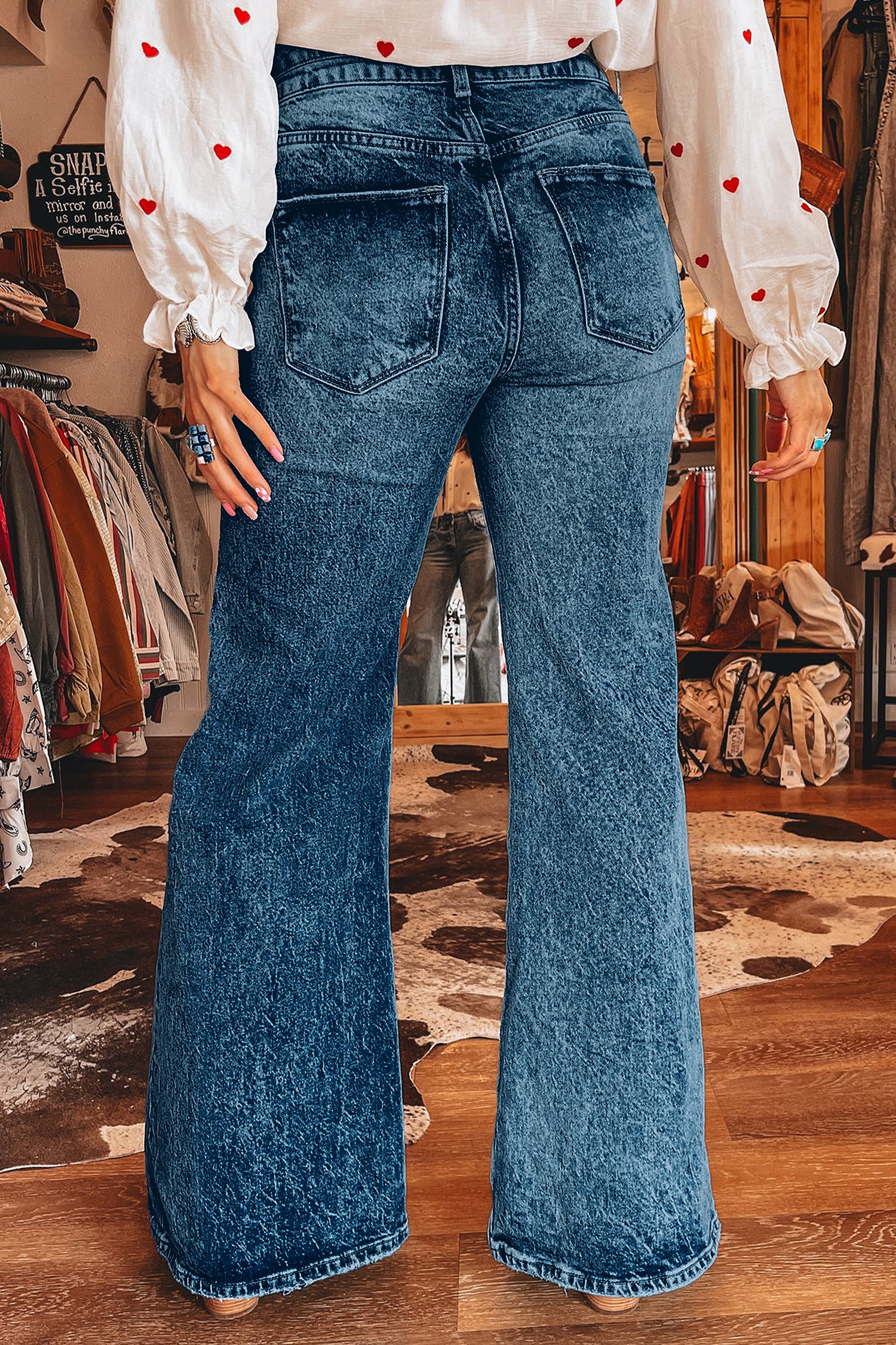 Beau Blue Acid Wash Pocket Detail Flare Jeans