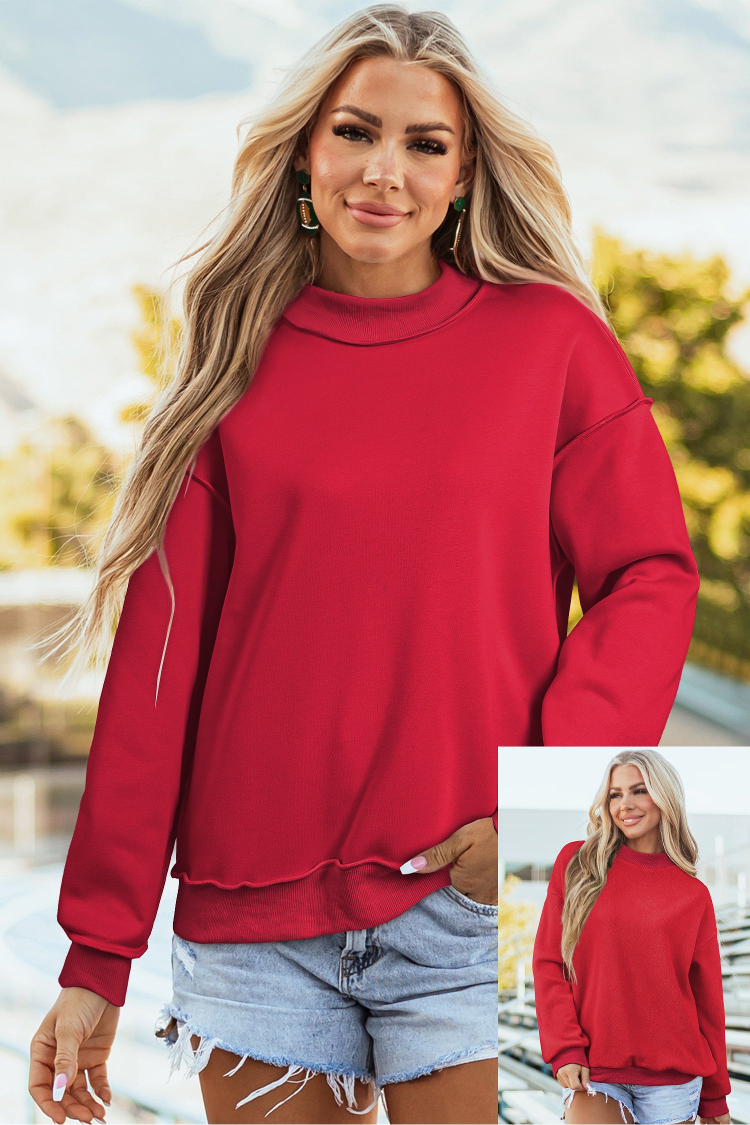 Light Grey Oversize Drop Shoulder Reversible Mock Neck Sweatshirt