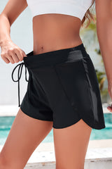 Black Solid Color 2-in-1 Drawstring Elastic Waist Swim Shorts