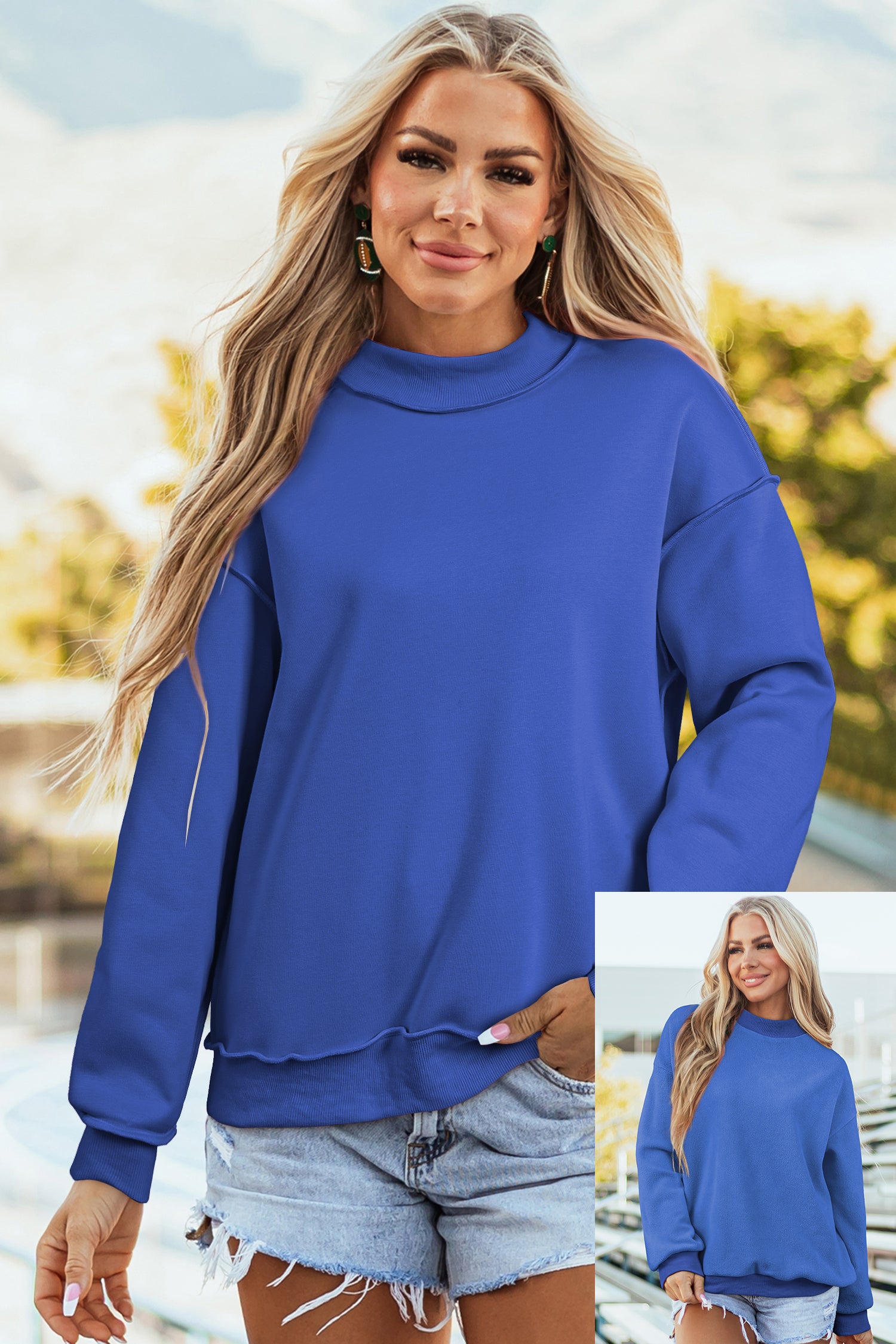 Light Grey Oversize Drop Shoulder Reversible Mock Neck Sweatshirt