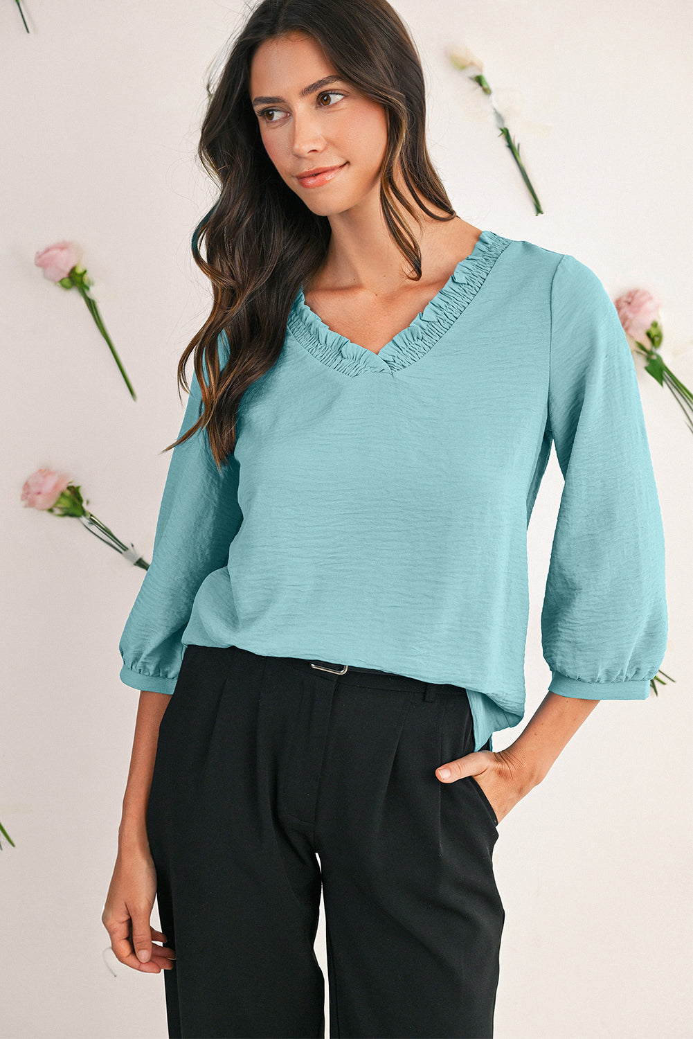 Sky Blue Frill V Neckline Puff Sleeve Crinkled Blouse