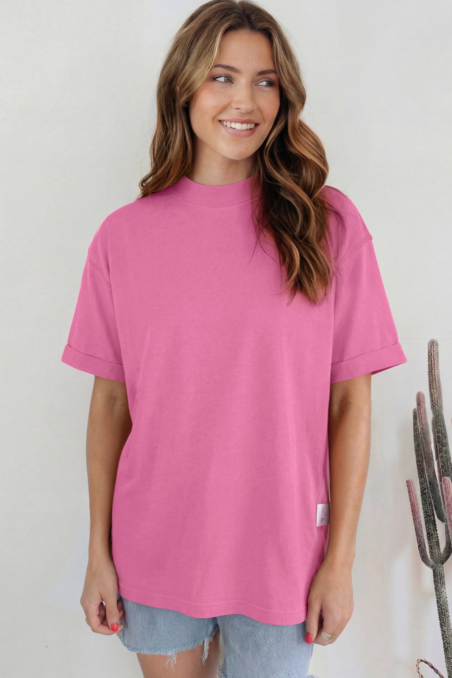 Black Solid Color High Neck Oversize Tee