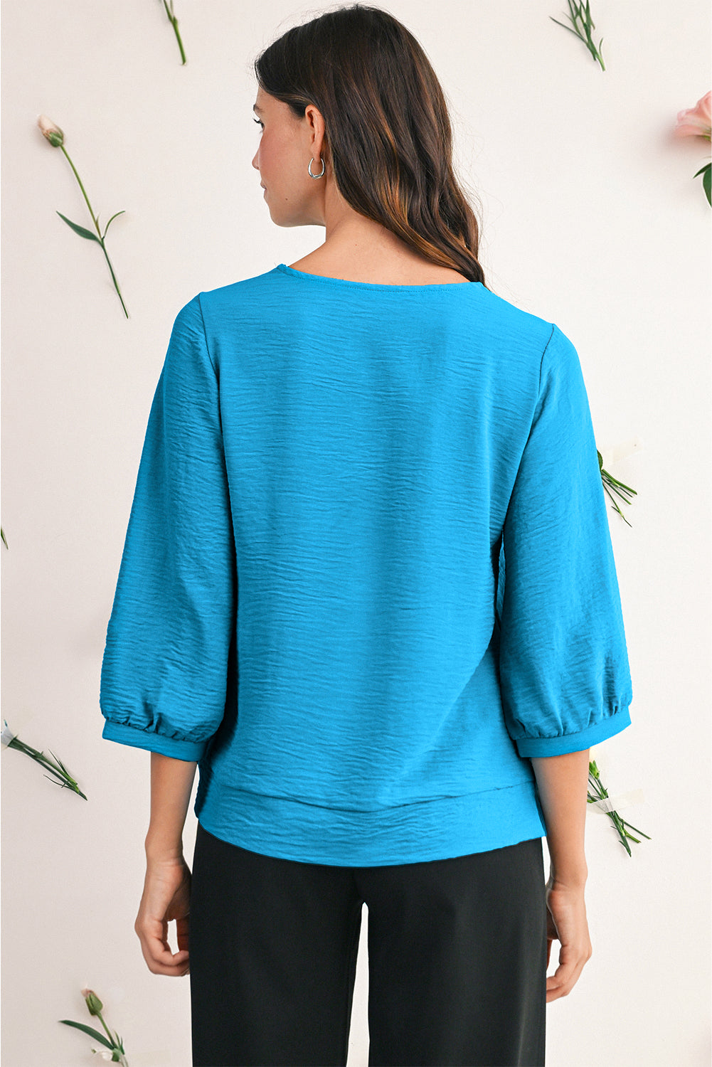 Sky Blue Frill V Neckline Puff Sleeve Crinkled Blouse