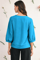 Sky Blue Frill V Neckline Puff Sleeve Crinkled Blouse