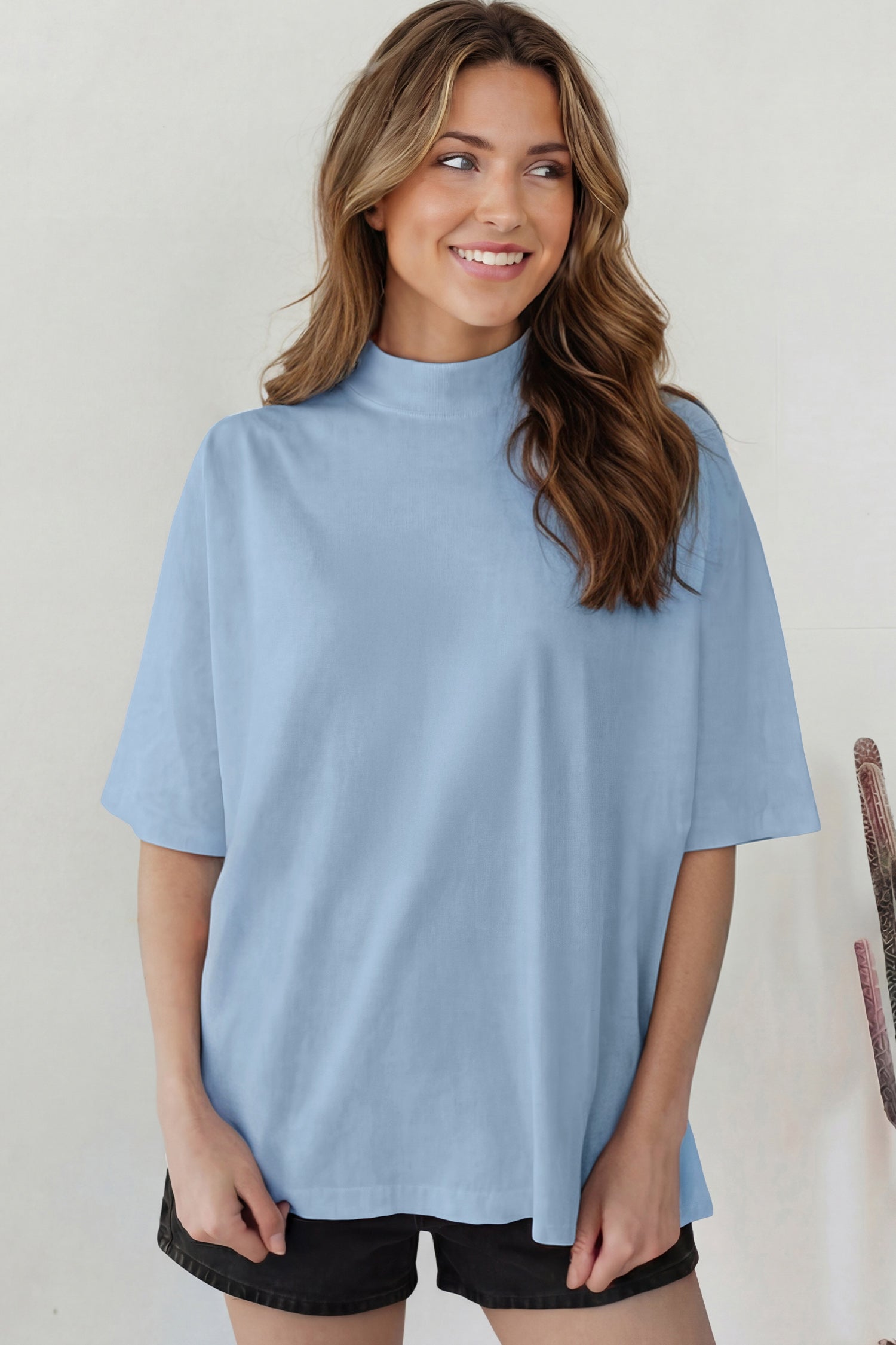 Black Solid Color High Neck Oversize Tee
