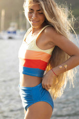 Blue Colorblock Top Pleated High Waisted Bikini Swimwear