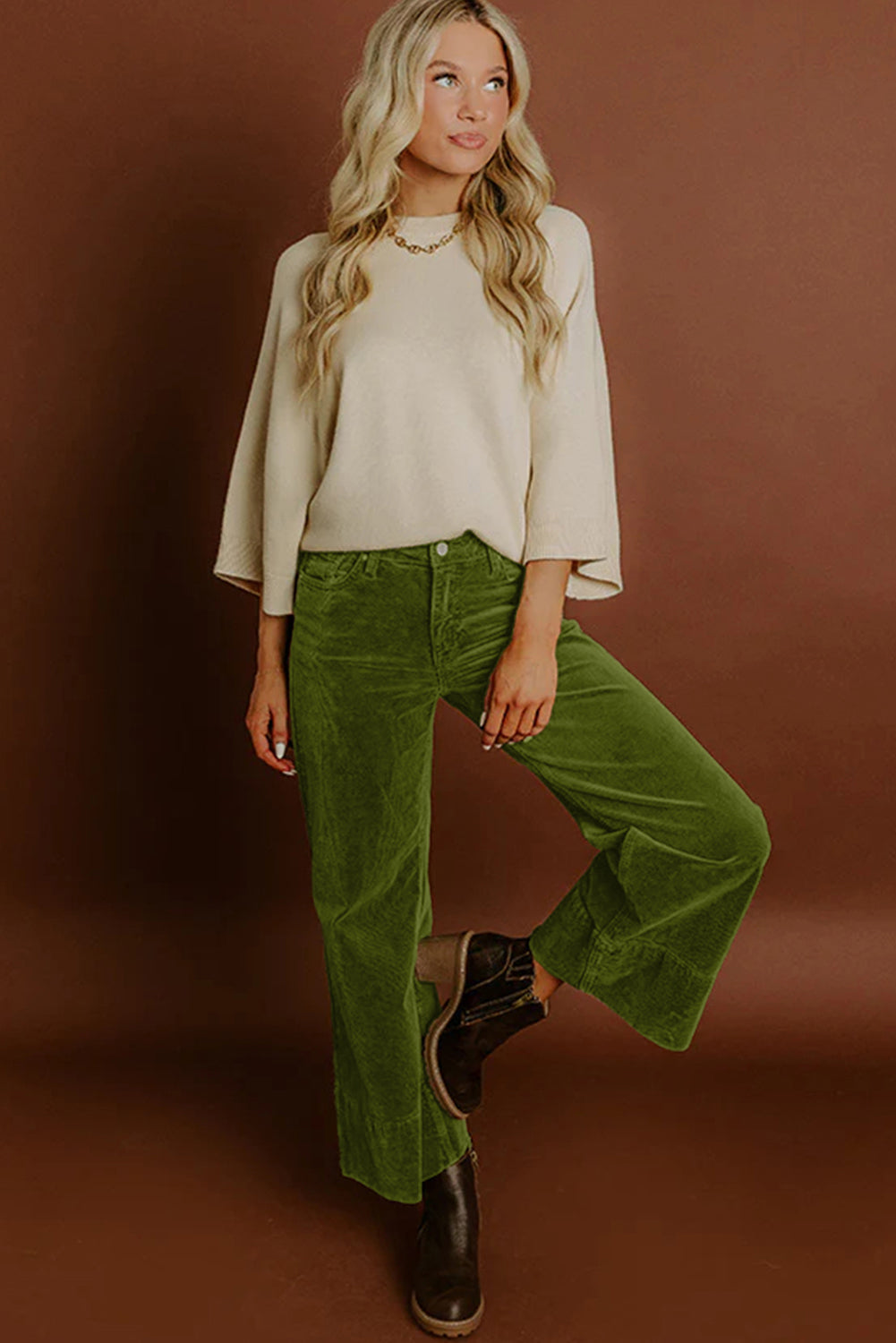 Burgundy Corduroy Solid Color High Waist Wide Leg Pants