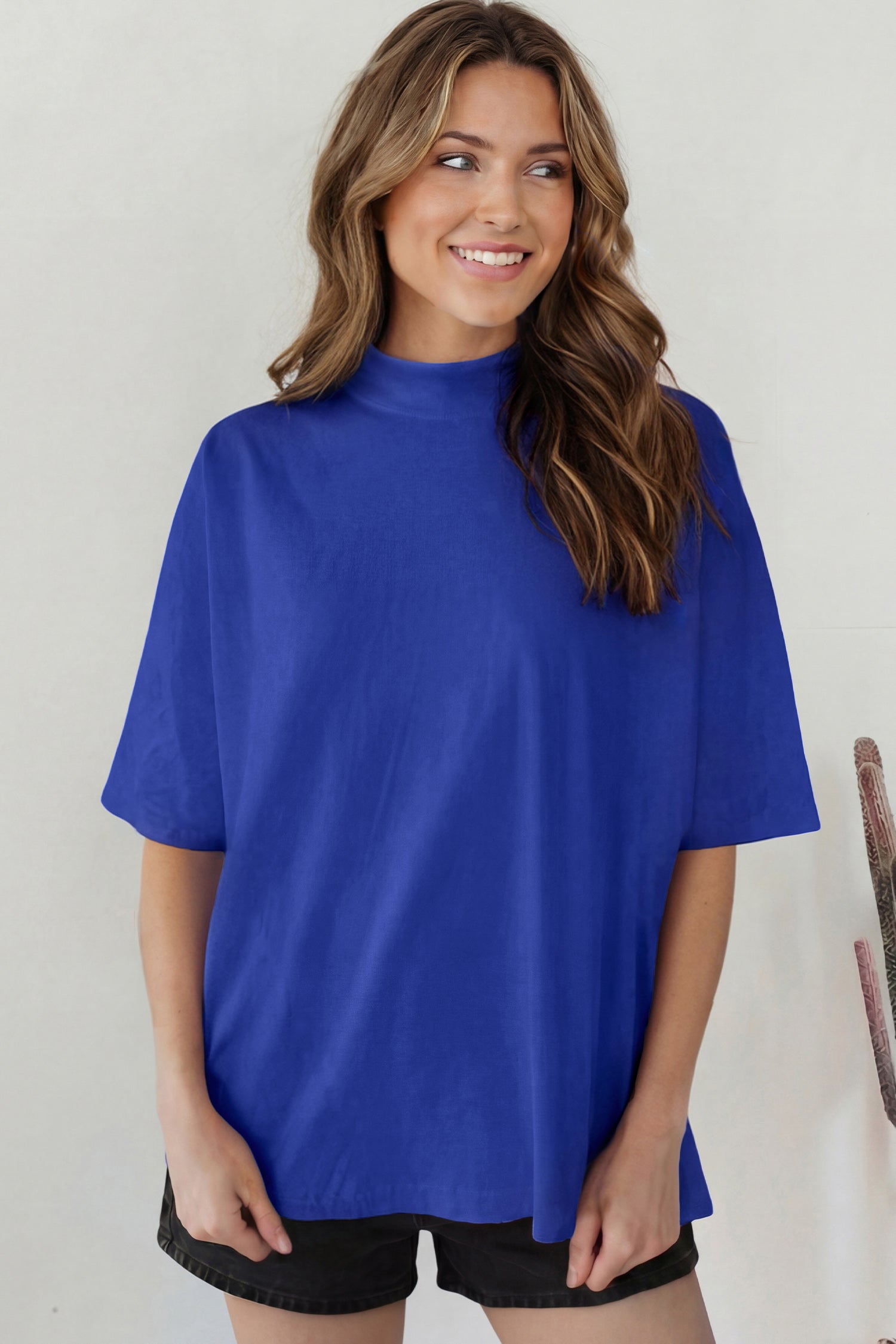 Black Solid Color High Neck Oversize Tee