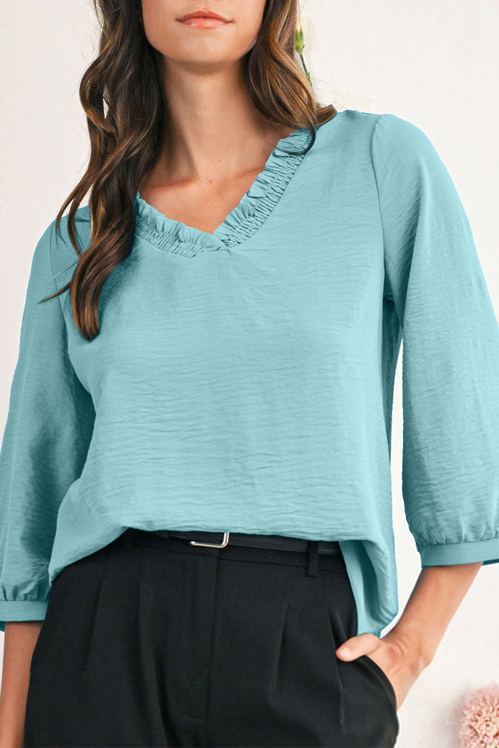 Sky Blue Frill V Neckline Puff Sleeve Crinkled Blouse