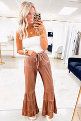 Straw Yellow Mineral Wash Lace-up High Waist Tiered Flared Pants