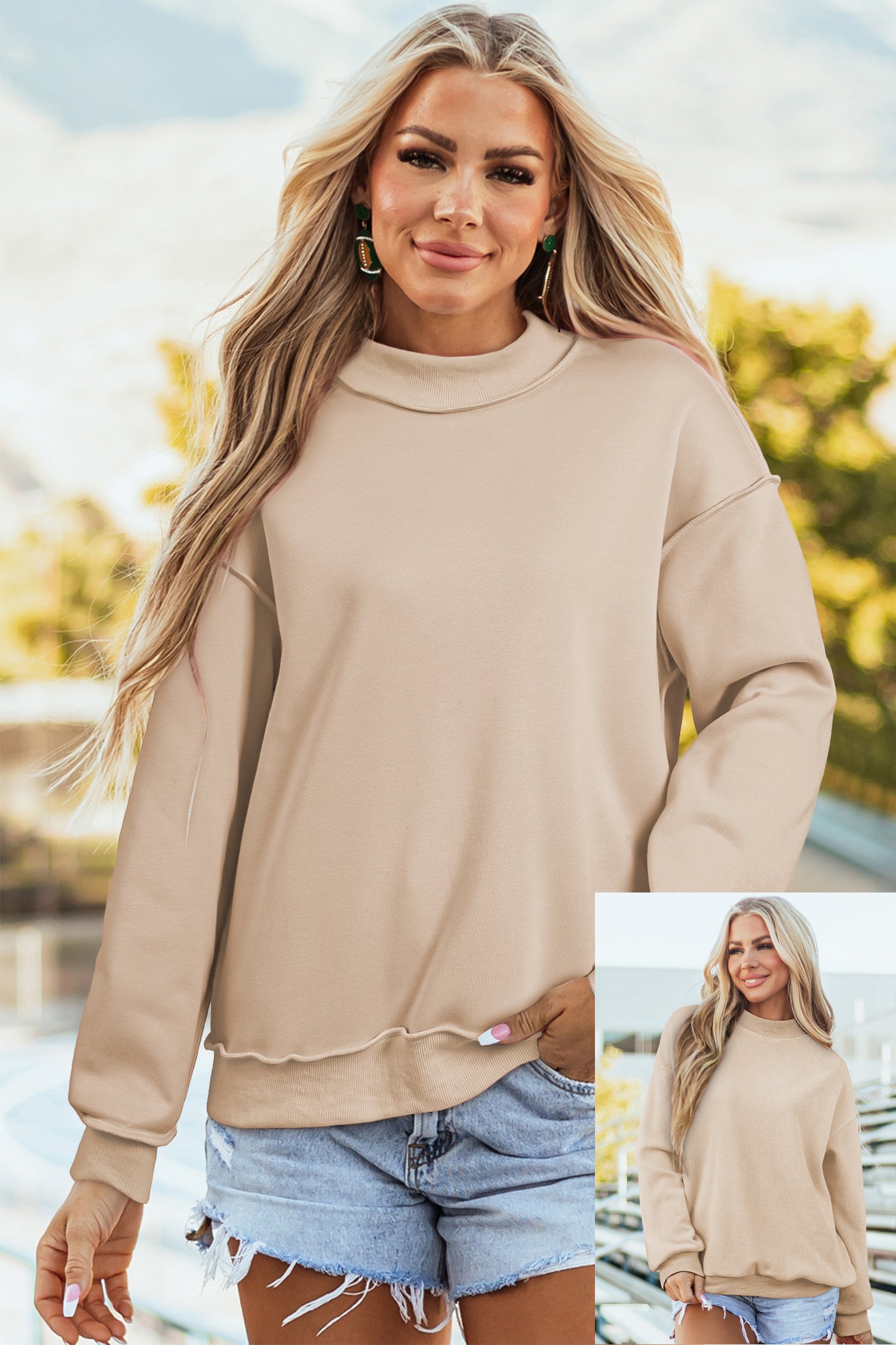 Light Grey Oversize Drop Shoulder Reversible Mock Neck Sweatshirt