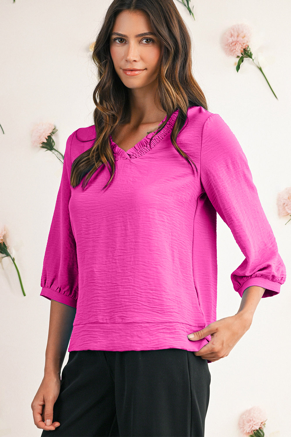 Sky Blue Frill V Neckline Puff Sleeve Crinkled Blouse