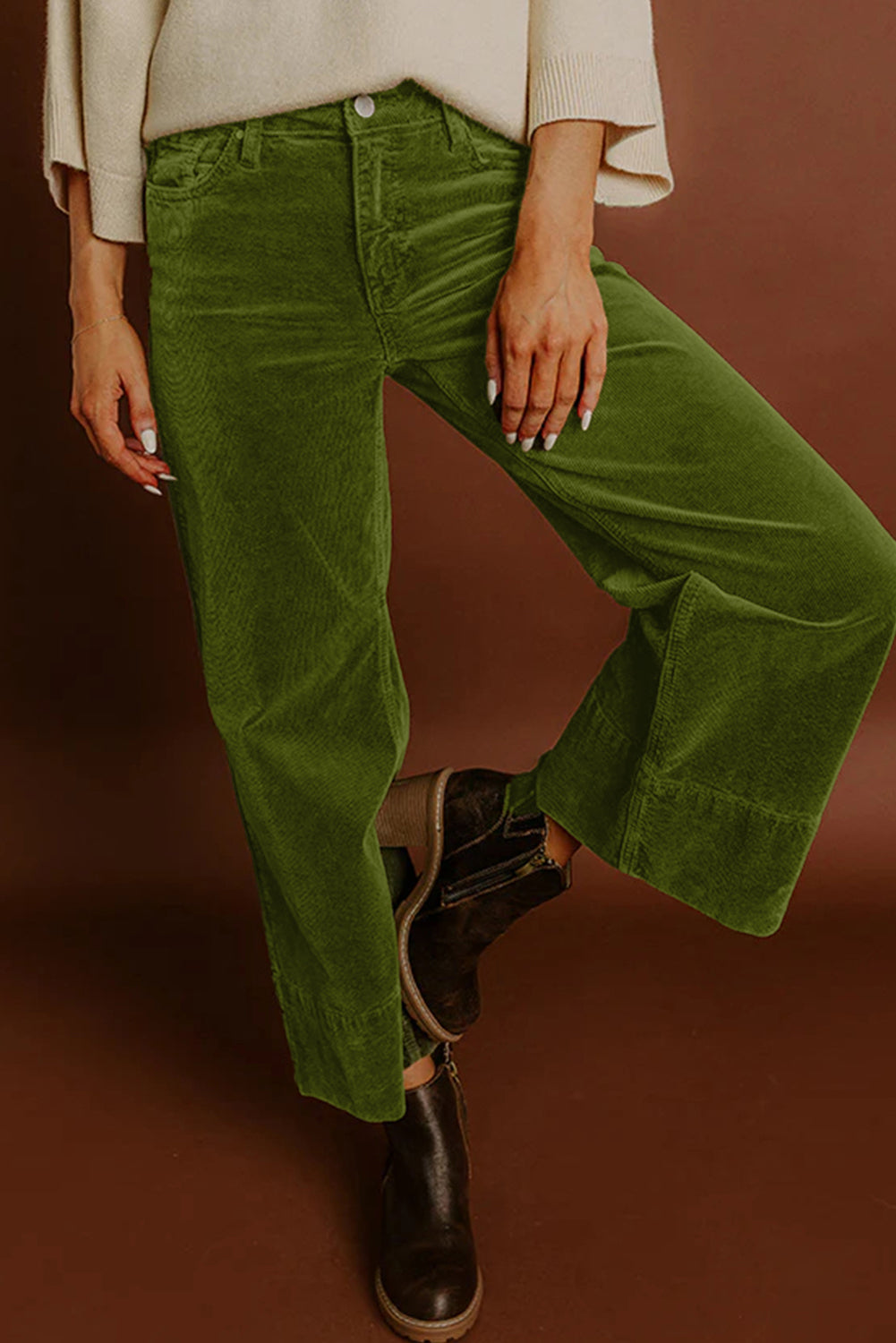 Burgundy Corduroy Solid Color High Waist Wide Leg Pants