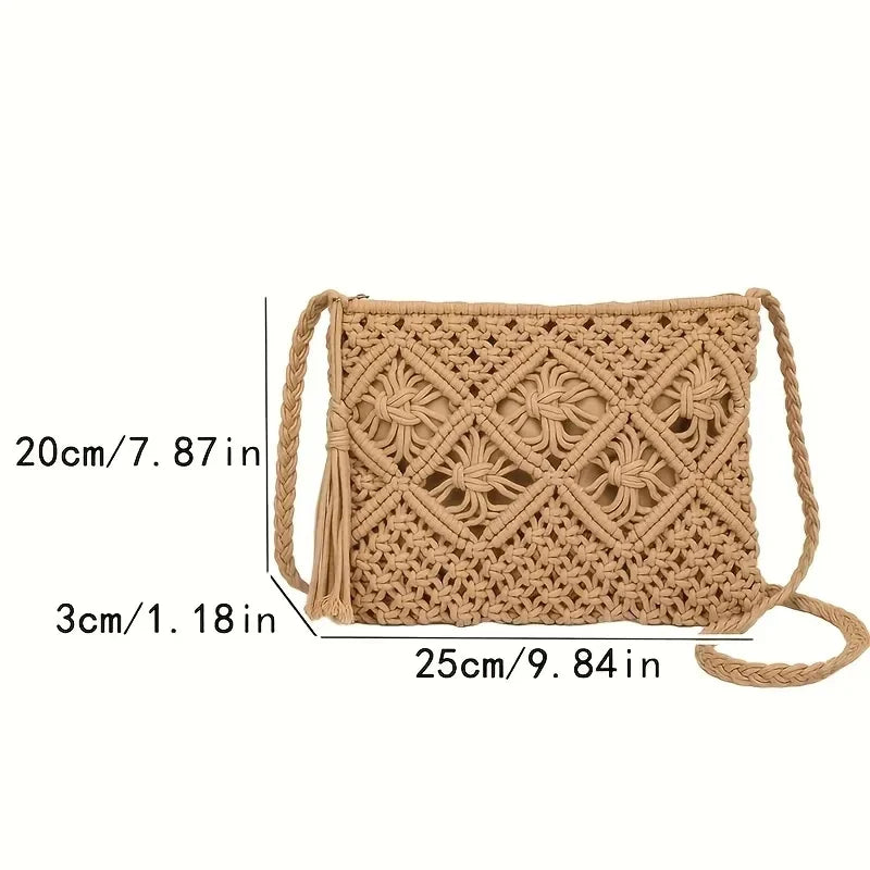 Woven handbag with measurements on a white background