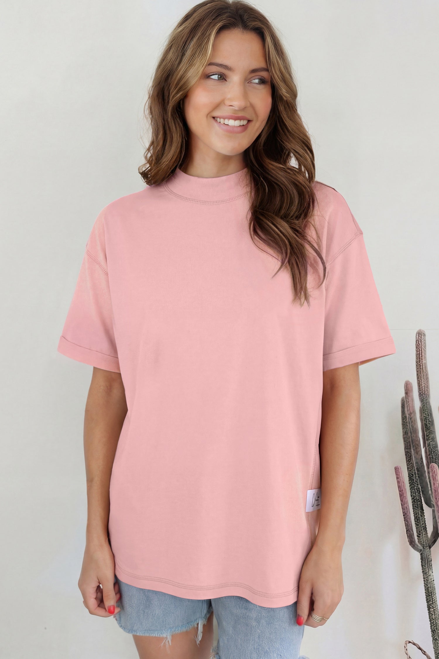 Black Solid Color High Neck Oversize Tee