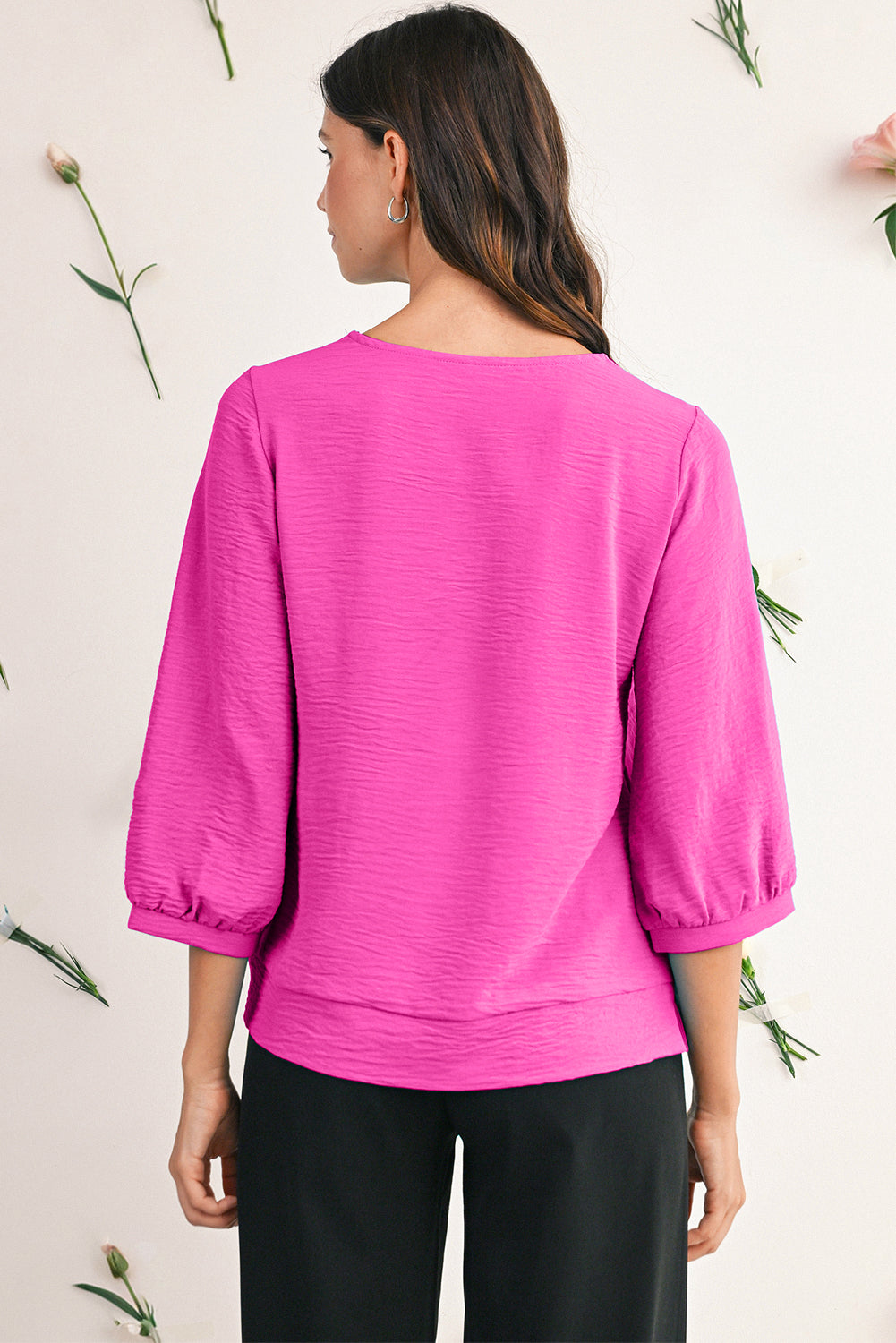 Sky Blue Frill V Neckline Puff Sleeve Crinkled Blouse