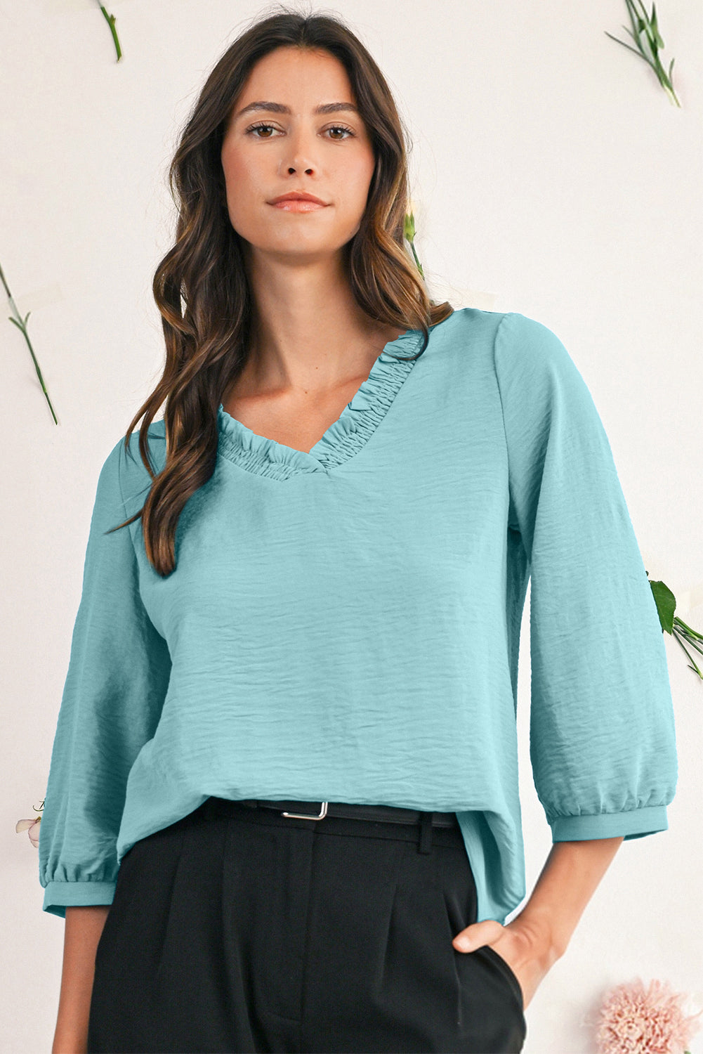 Sky Blue Frill V Neckline Puff Sleeve Crinkled Blouse