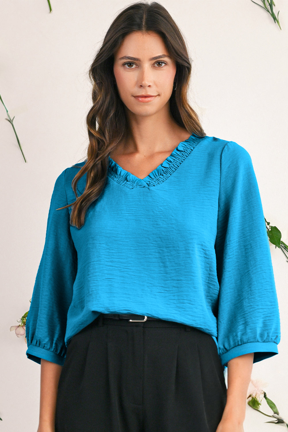 Sky Blue Frill V Neckline Puff Sleeve Crinkled Blouse