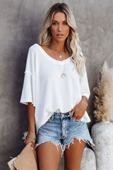 White Exposed Seam Drop Sleeve Waffle Textured Top