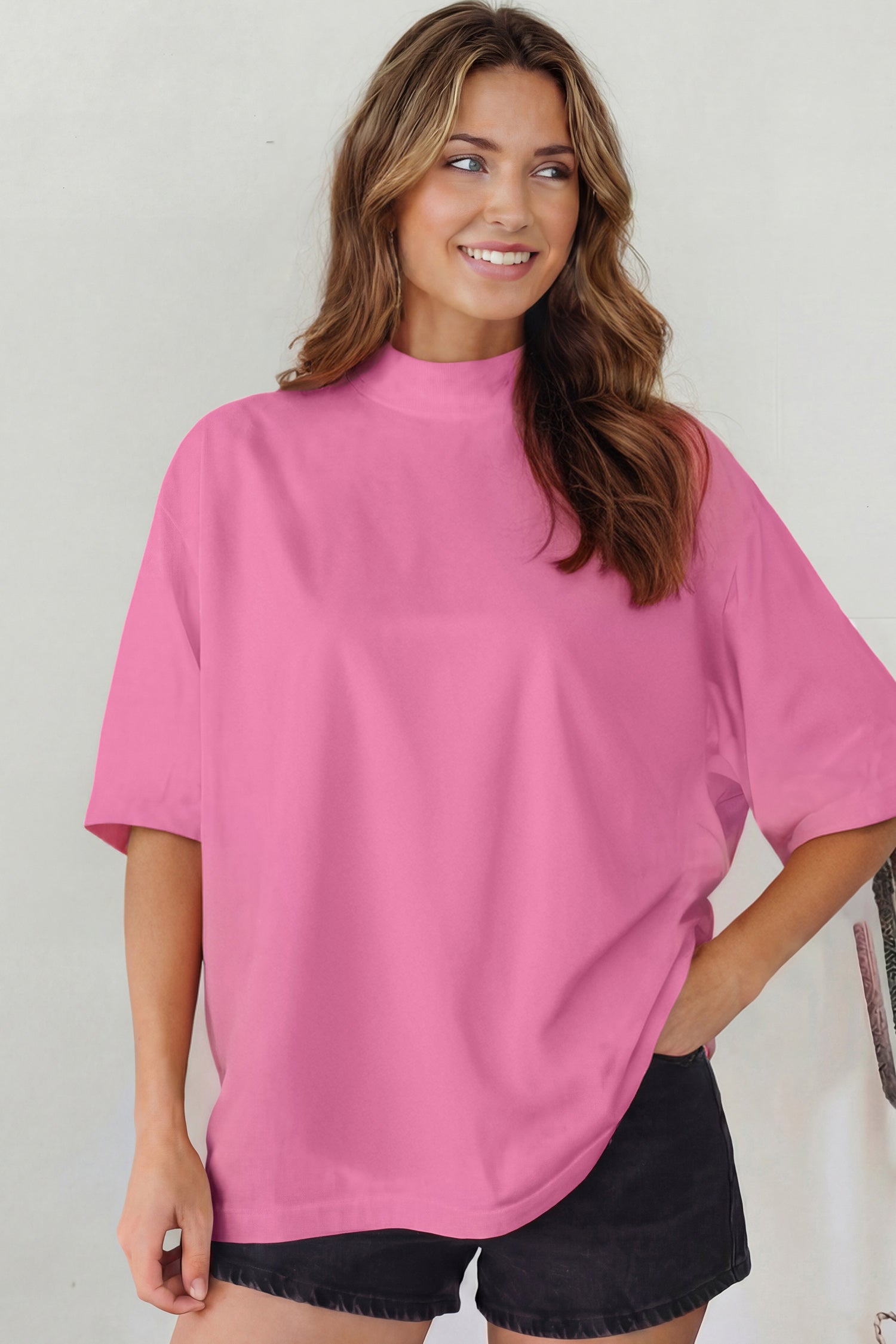 Black Solid Color High Neck Oversize Tee