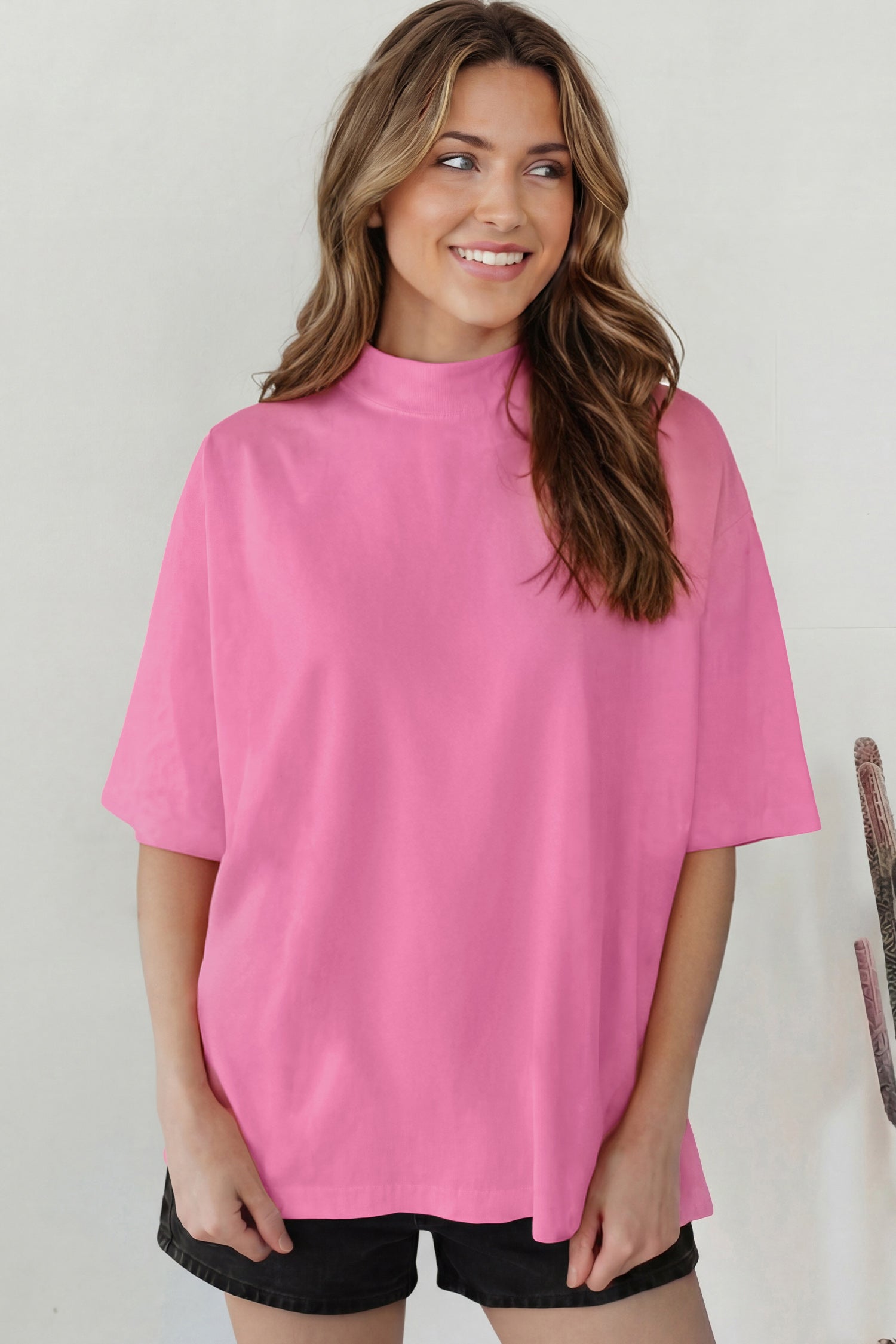 Black Solid Color High Neck Oversize Tee