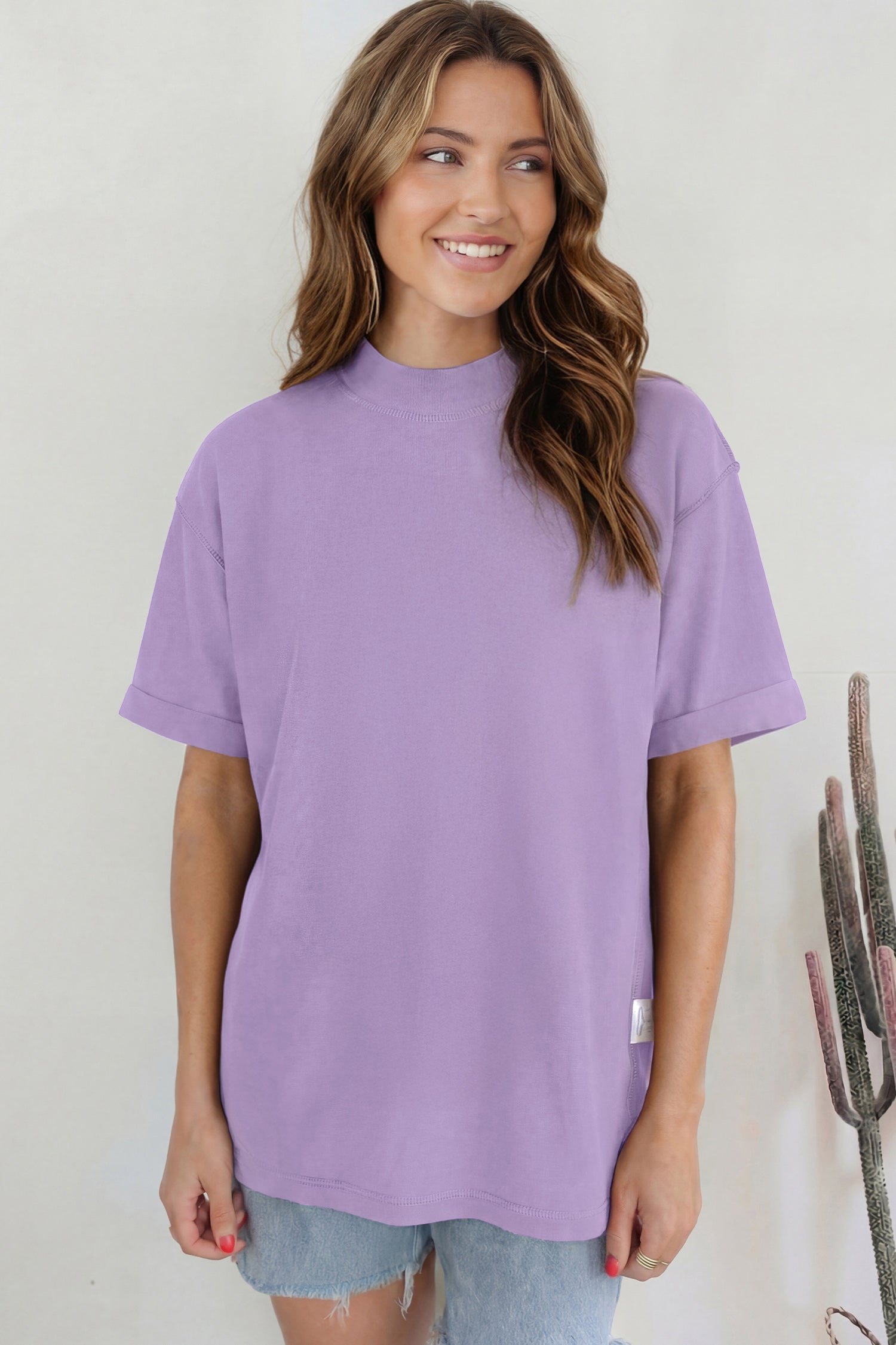Black Solid Color High Neck Oversize Tee
