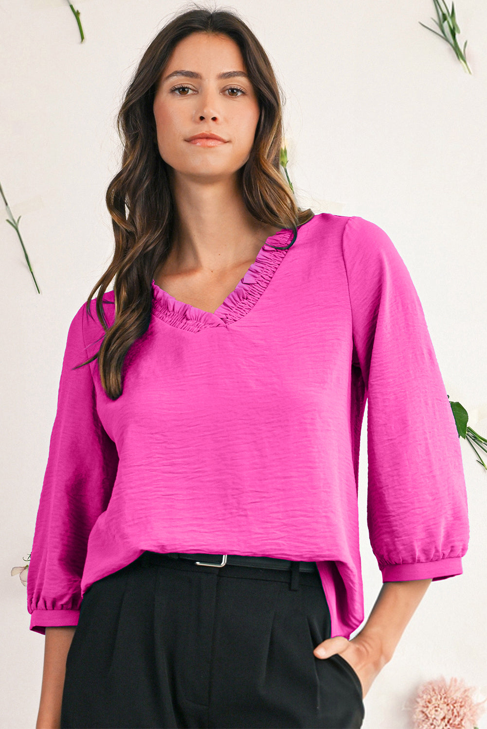Sky Blue Frill V Neckline Puff Sleeve Crinkled Blouse