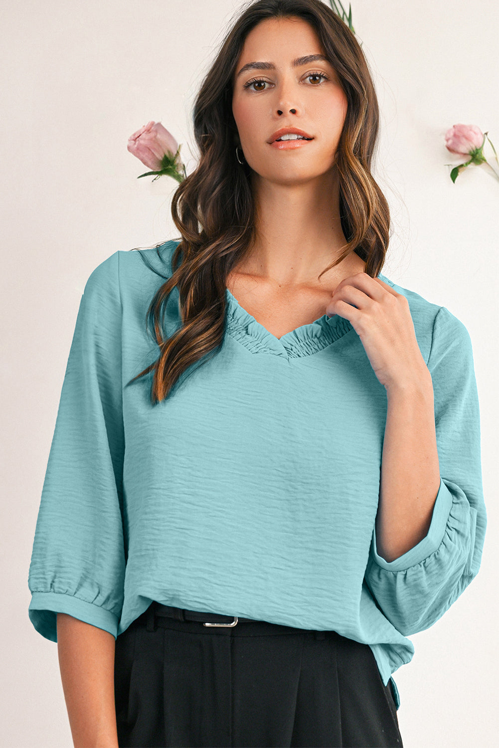 Sky Blue Frill V Neckline Puff Sleeve Crinkled Blouse