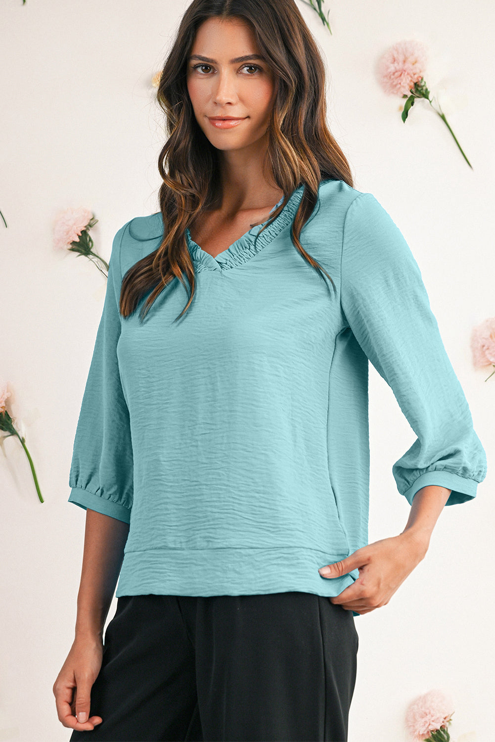 Sky Blue Frill V Neckline Puff Sleeve Crinkled Blouse