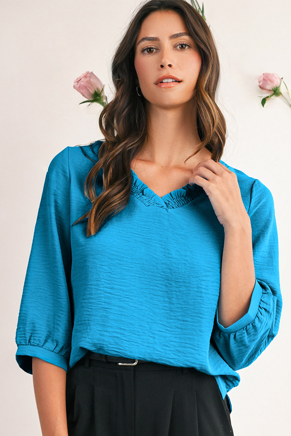 Sky Blue Frill V Neckline Puff Sleeve Crinkled Blouse
