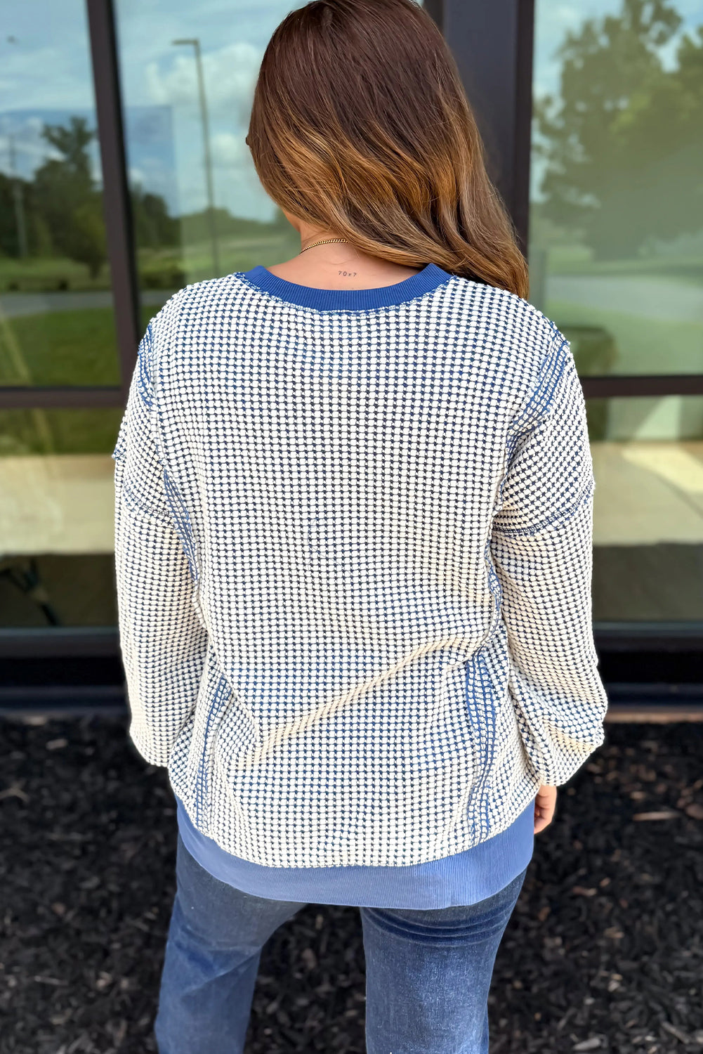 Dark Blue Waffle Knit Exposed Stitching Casual Top