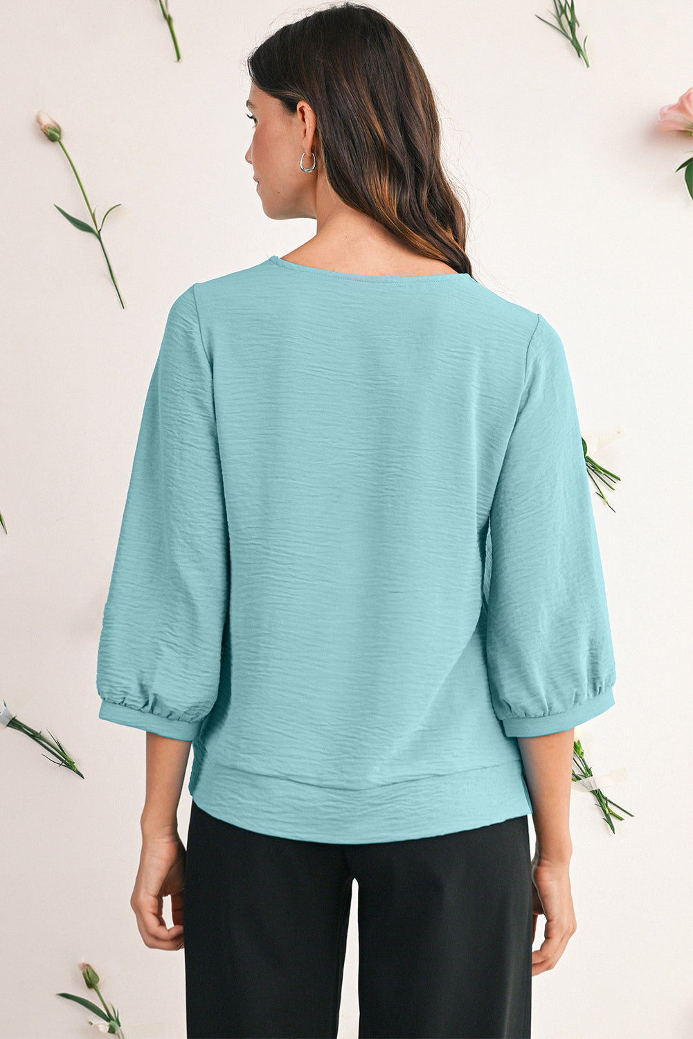 Sky Blue Frill V Neckline Puff Sleeve Crinkled Blouse