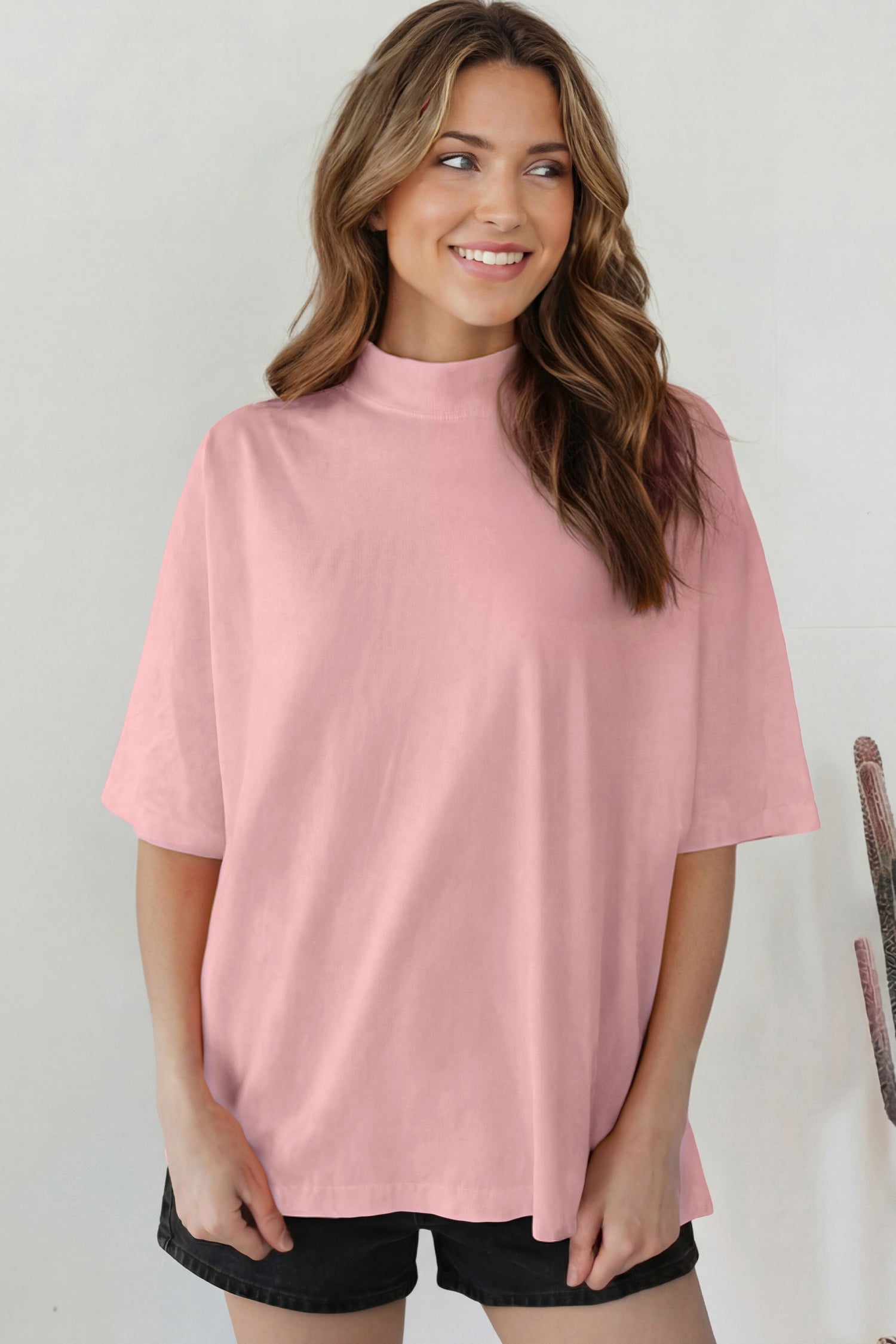 Black Solid Color High Neck Oversize Tee