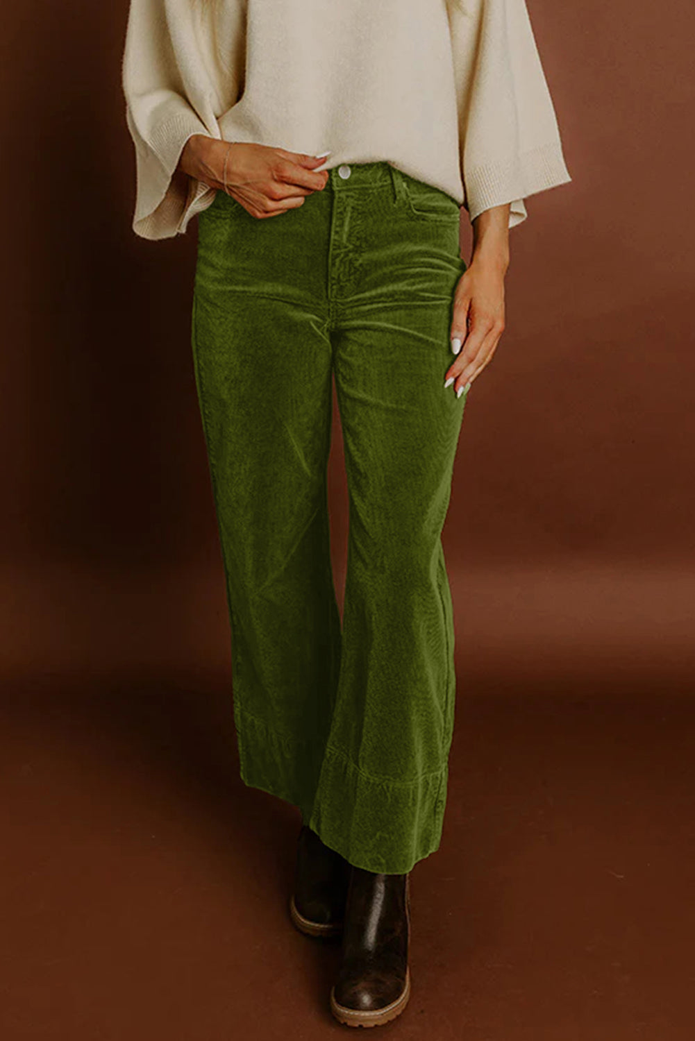 Burgundy Corduroy Solid Color High Waist Wide Leg Pants