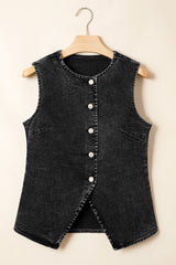 Black Buttoned Front Slit Denim Vest