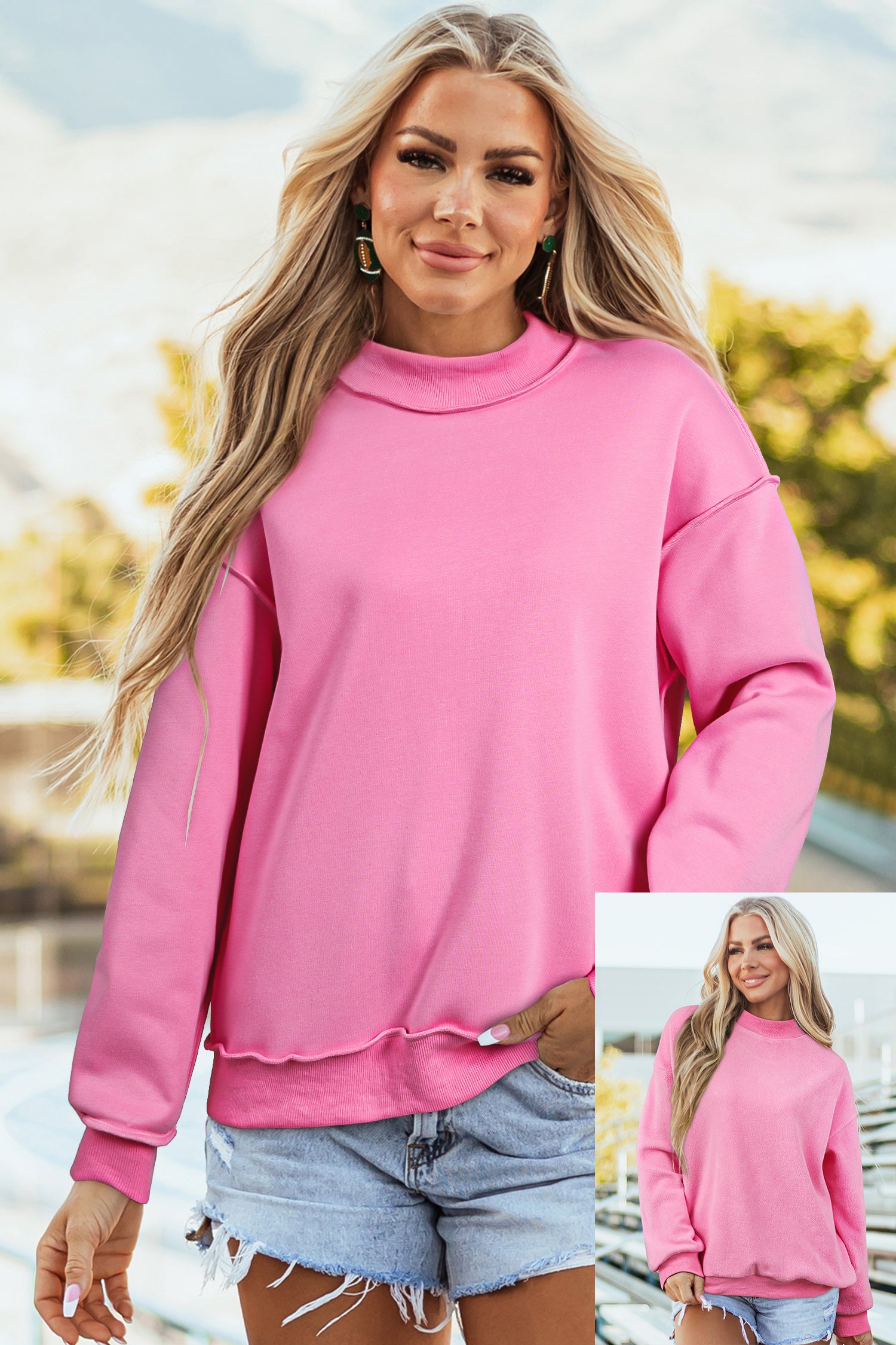 Light Grey Oversize Drop Shoulder Reversible Mock Neck Sweatshirt