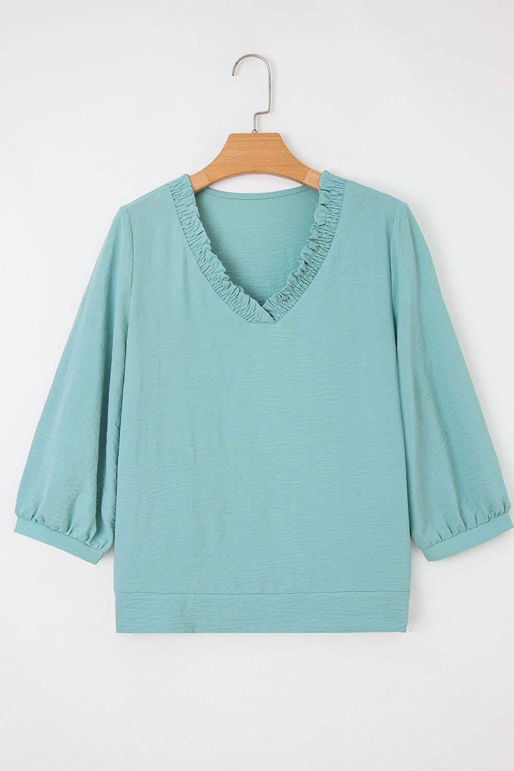 Sky Blue Frill V Neckline Puff Sleeve Crinkled Blouse