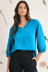 Sky Blue Frill V Neckline Puff Sleeve Crinkled Blouse