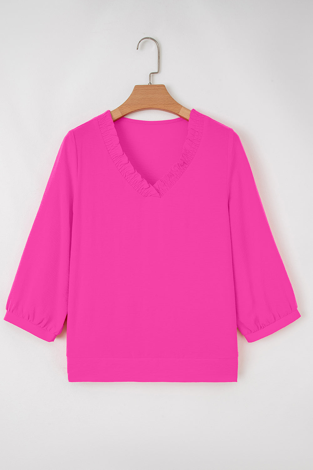 Sky Blue Frill V Neckline Puff Sleeve Crinkled Blouse