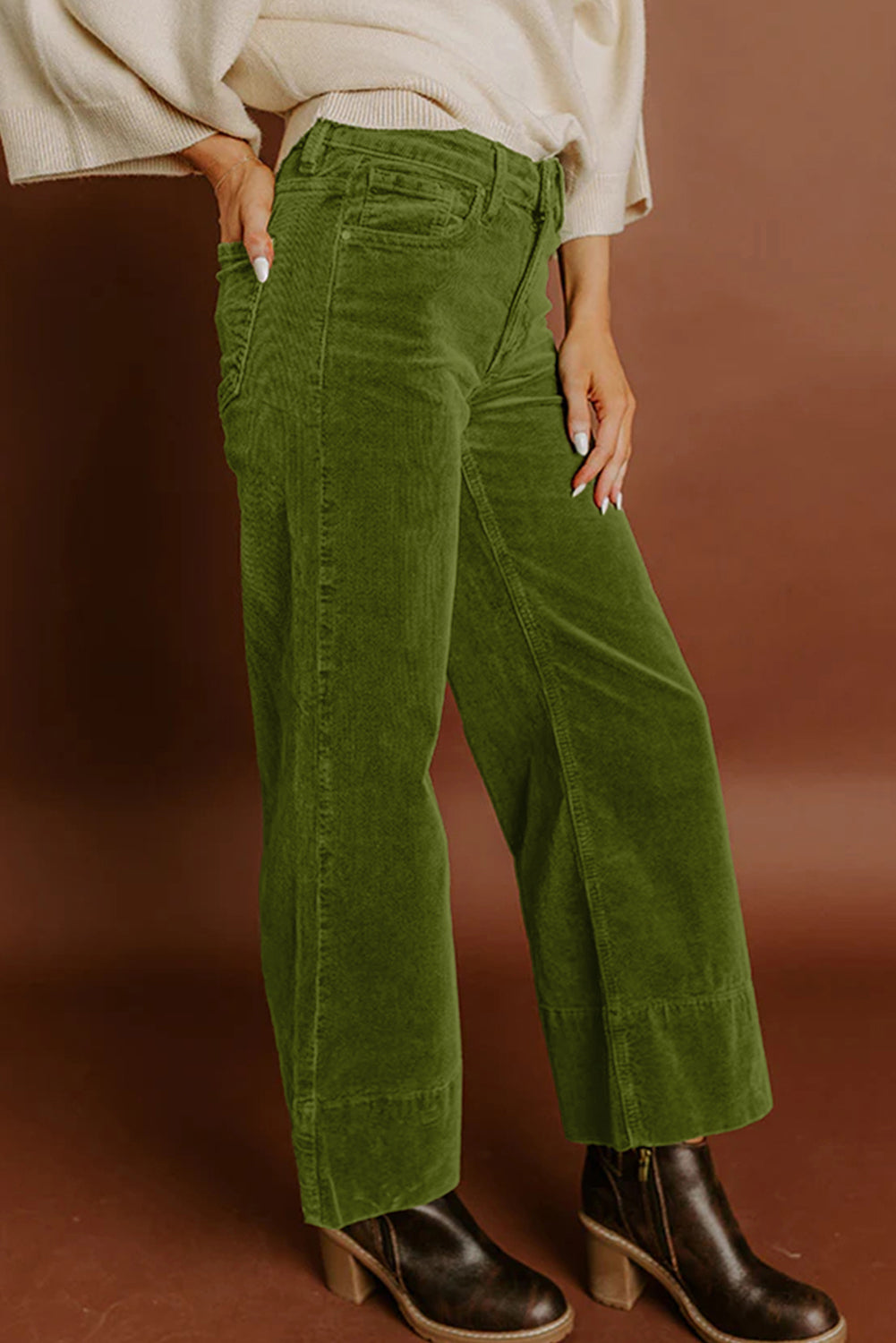 Burgundy Corduroy Solid Color High Waist Wide Leg Pants