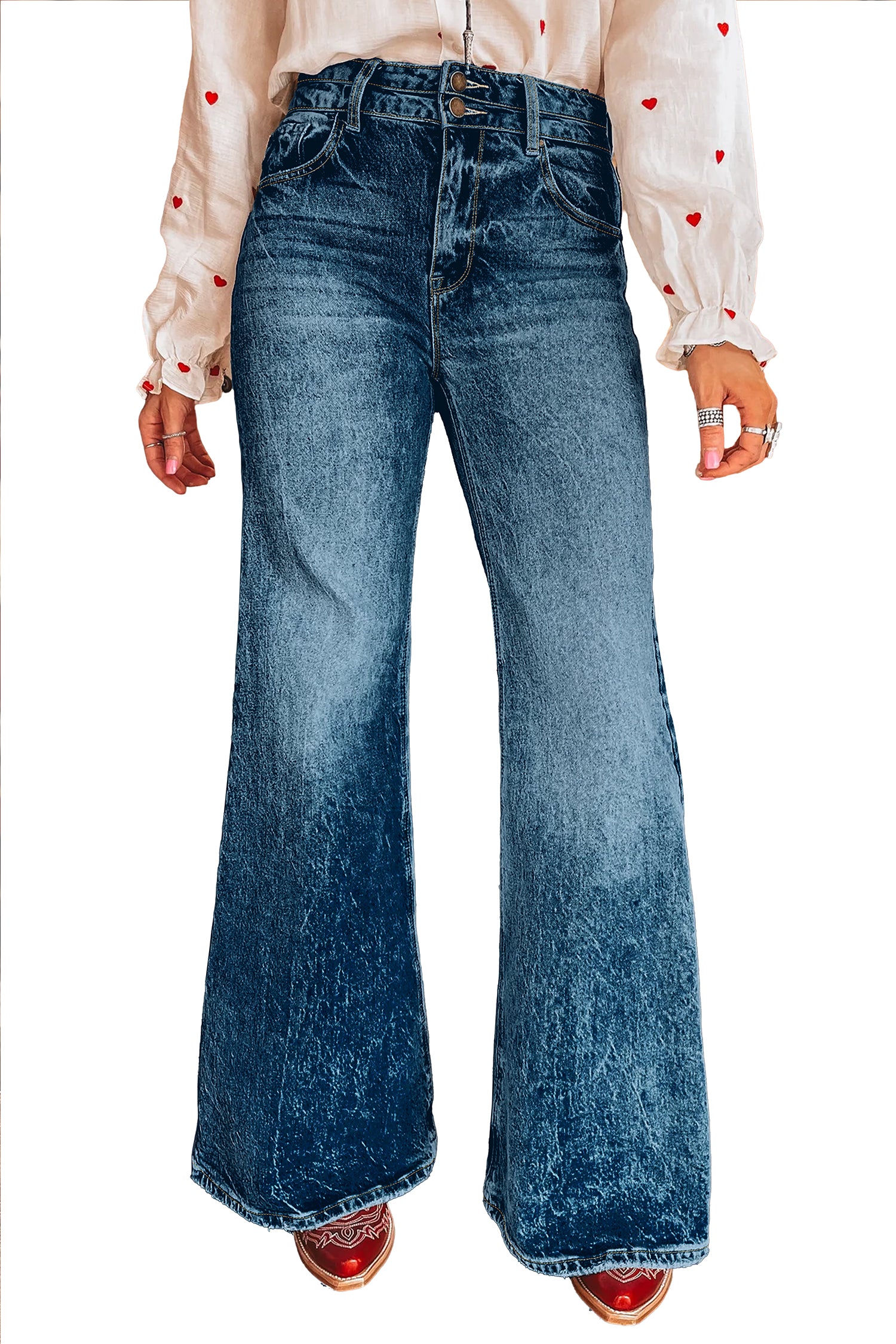 Beau Blue Acid Wash Pocket Detail Flare Jeans