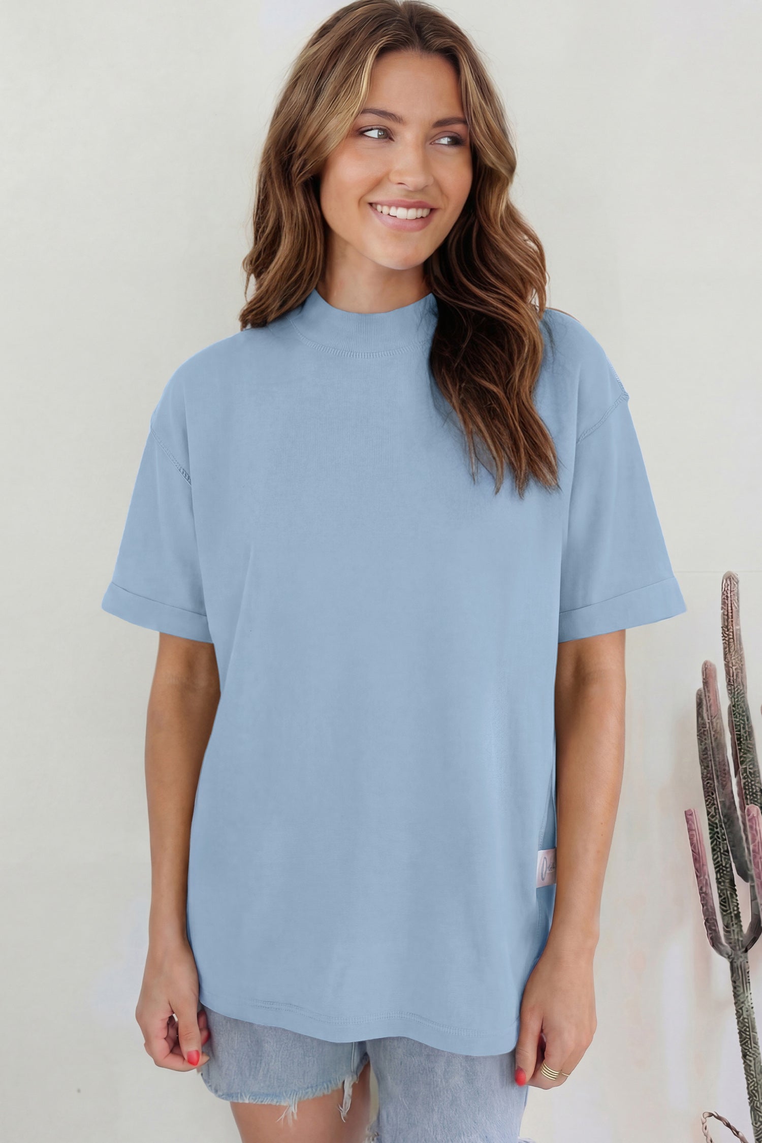 Black Solid Color High Neck Oversize Tee
