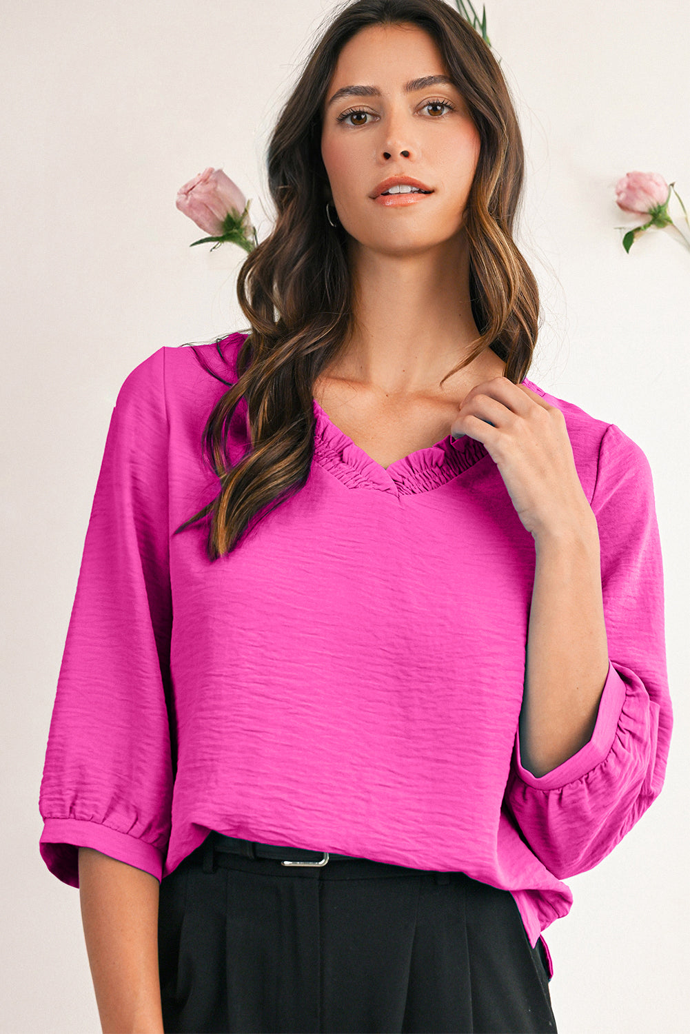 Sky Blue Frill V Neckline Puff Sleeve Crinkled Blouse