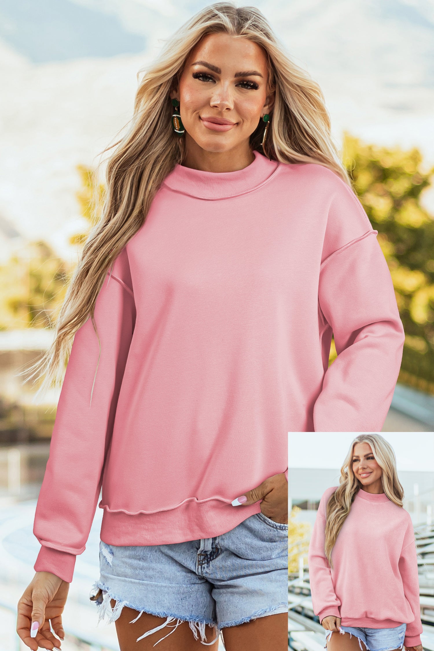 Light Grey Oversize Drop Shoulder Reversible Mock Neck Sweatshirt