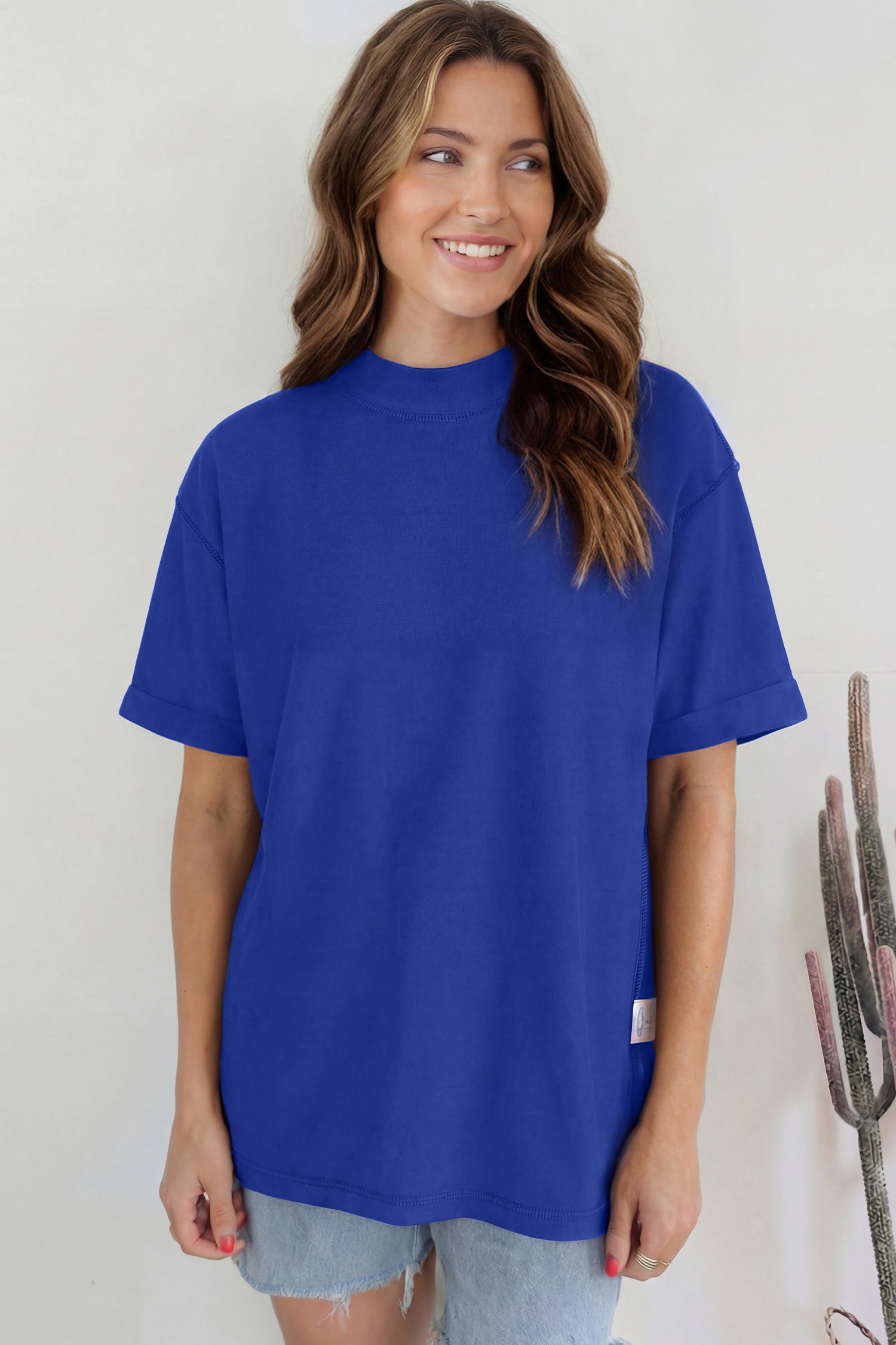 Black Solid Color High Neck Oversize Tee