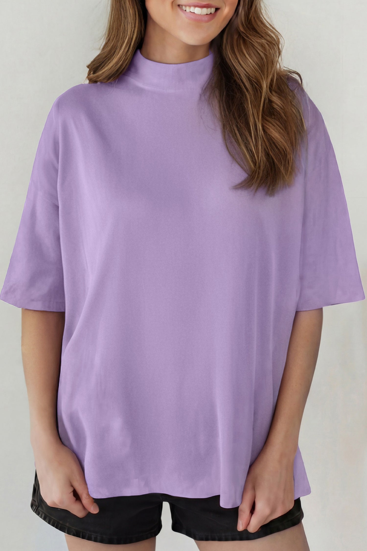 Black Solid Color High Neck Oversize Tee