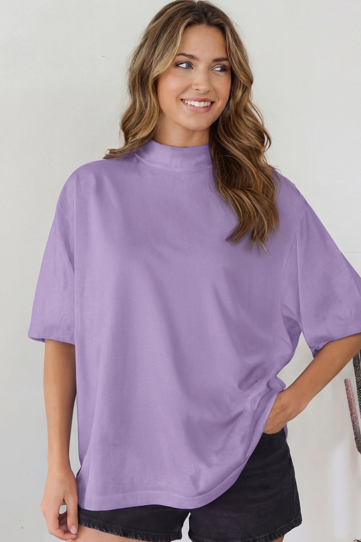 Black Solid Color High Neck Oversize Tee
