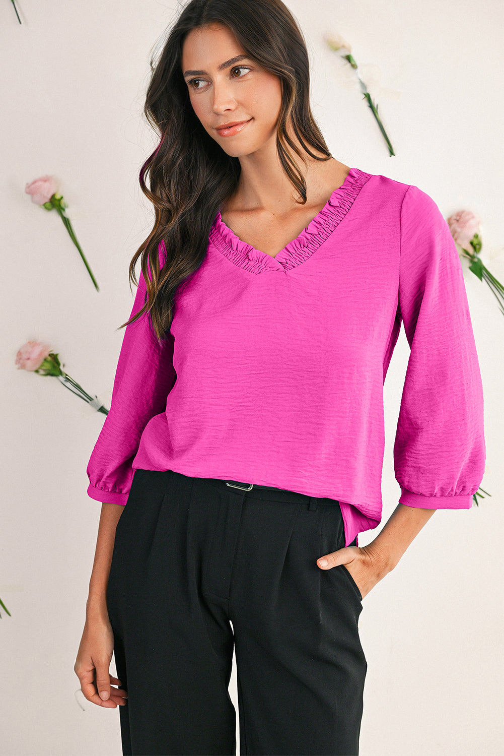Sky Blue Frill V Neckline Puff Sleeve Crinkled Blouse